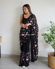 Black Floral Embroidery Worked Pure Georgette Saree