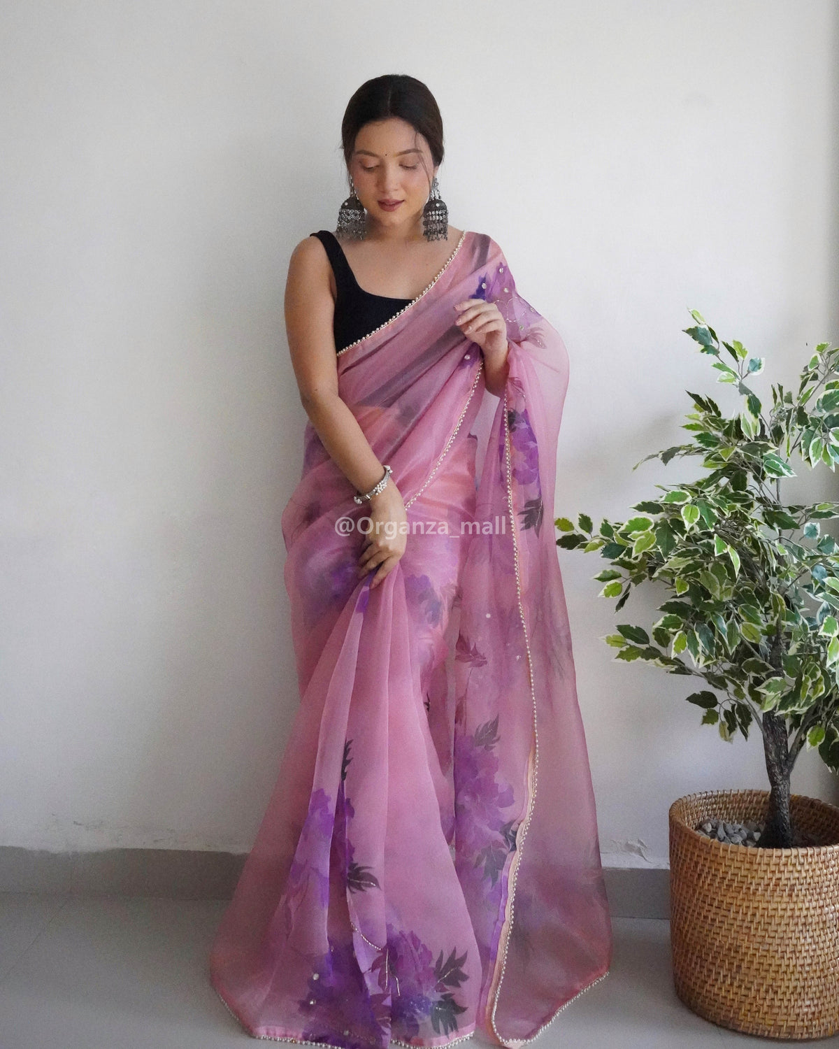 Heavy Beads Work Pink Pure Organza Saree