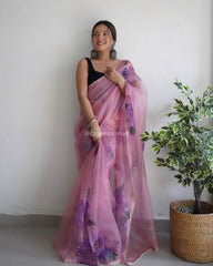 Heavy Beads Work Pink Pure Organza Saree