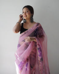 Heavy Beads Work Pink Pure Organza Saree