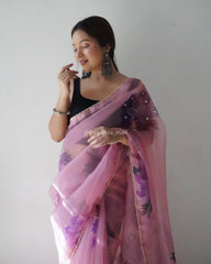 Heavy Beads Work Pink Pure Organza Saree