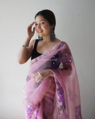 Heavy Beads Work Pink Pure Organza Saree