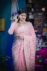 Popular Pink Georgette Embroidery Saree