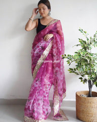 Heavy Lace & floral print Work Pink Organza Special Saree