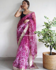 Heavy Lace & floral print Work Pink Organza Special Saree