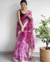 Heavy Lace & floral print Work Pink Organza Special Saree