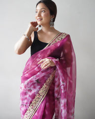 Heavy Lace & floral print Work Pink Organza Special Saree