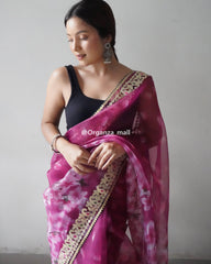 Heavy Lace & floral print Work Pink Organza Special Saree