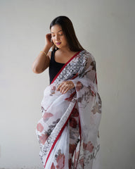 Elegant Baby White Heavy Embroidery Lace Work Pure Organza Saree