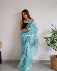 Forest Print & Cut Work Blue Pure Organza Saree