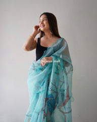 Forest Print & Cut Work Blue Pure Organza Saree