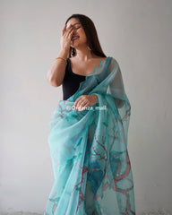 Forest Print & Cut Work Blue Pure Organza Saree