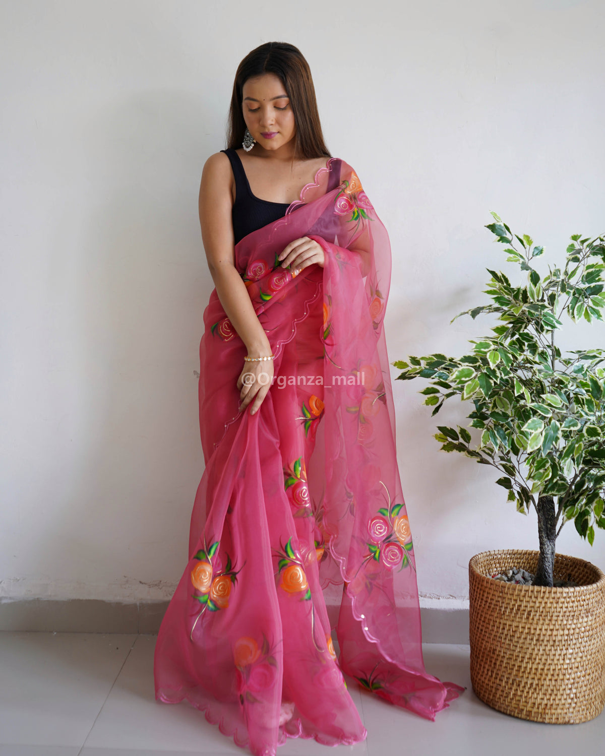 Pink Hand Printed & Cutwork Pure Organza Silk Saree