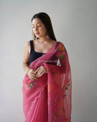 Pink Hand Printed & Cutwork Pure Organza Silk Saree