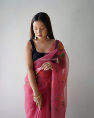 Pink Hand Printed & Cutwork Pure Organza Silk Saree