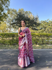 Wine Embroidery Work Organza Soft Saree