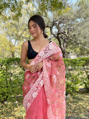 MODERN TWISTED PINK EMBROIDERY WORK PURE ORGANZA SAREE WITH CONTRAST BLOUSE