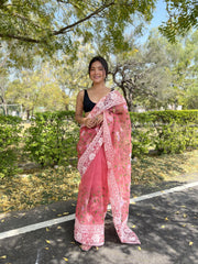 MODERN TWISTED PINK EMBROIDERY WORK PURE ORGANZA SAREE WITH CONTRAST BLOUSE