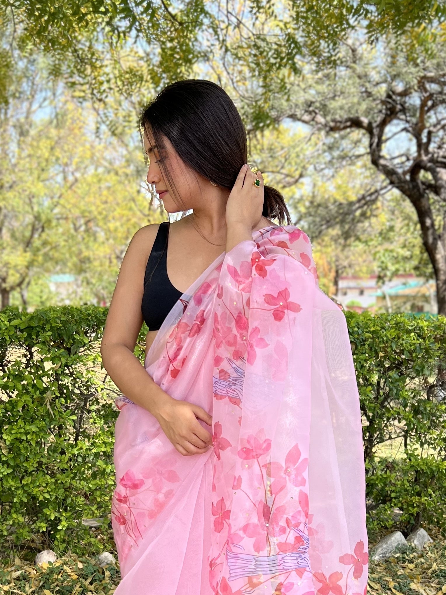 Ruby Floral Print Organza Saree Party Wear | Light Weight Sarees Online