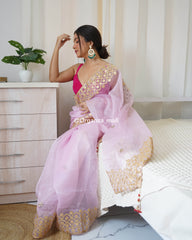 Elegant Baby Pink Heavy Embroidery Lace Work Pure Organza Saree