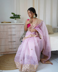 Elegant Baby Pink Heavy Embroidery Lace Work Pure Organza Saree