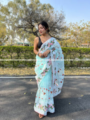 Lovely Lotus Embroidery On Blue Pure Organza Saree