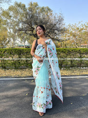 Lovely Lotus Embroidery On Blue Pure Organza Saree