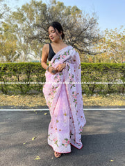 Lovely Lotus Embroidery On  Lavender Pure Organza Saree