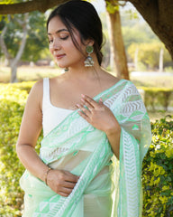 Designer Lime Green Embroidery Work Rich Look Saree