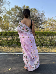 Lovely Lotus Embroidery On  Lavender Pure Organza Saree