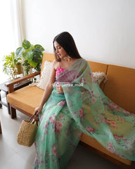 Light Flower Lawn Green Pure Organza Saree