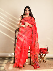 the exclusive beads work on red pure organza saree with contrast blouse