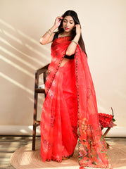 the exclusive beads work on red pure organza saree with contrast blouse