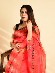 the exclusive beads work on red pure organza saree with contrast blouse