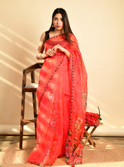 the exclusive beads work on red pure organza saree with contrast blouse