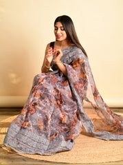 CHARMING FLORAL PRINT ON GREY PURE ORGANZA SAREE WITH CONTRAST BLOUSE