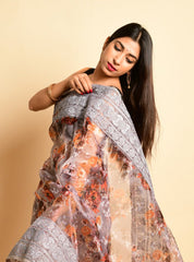 CHARMING FLORAL PRINT ON GREY PURE ORGANZA SAREE WITH CONTRAST BLOUSE