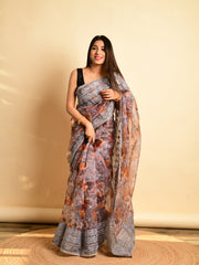 CHARMING FLORAL PRINT ON GREY PURE ORGANZA SAREE WITH CONTRAST BLOUSE