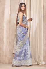 Light Blue Pure Organza Embroidery Work Saree