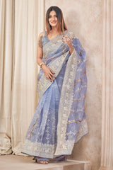 Light Blue Pure Organza Embroidery Work Saree