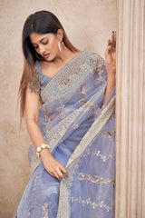 Light Blue Pure Organza Embroidery Work Saree