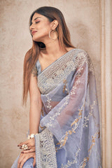 Light Blue Pure Organza Embroidery Work Saree