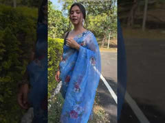 Floral Print Blue Color Handwork Pure Organza Saree