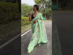 Full Embroidery Work Golden Border Pure  Organza Mint Green Saree