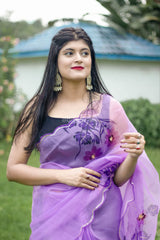 Lavender Color Pure Organza Handwork Saree