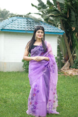 Lavender Color Pure Organza Handwork Saree