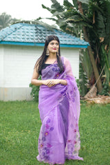 Lavender Color Pure Organza Handwork Saree