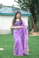 Lavender Color Pure Organza Handwork Saree