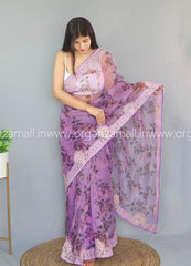 Light Embroidery Worked Lavender Pure Organza Saree