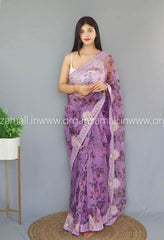 Light Embroidery Worked Lavender Pure Organza Saree